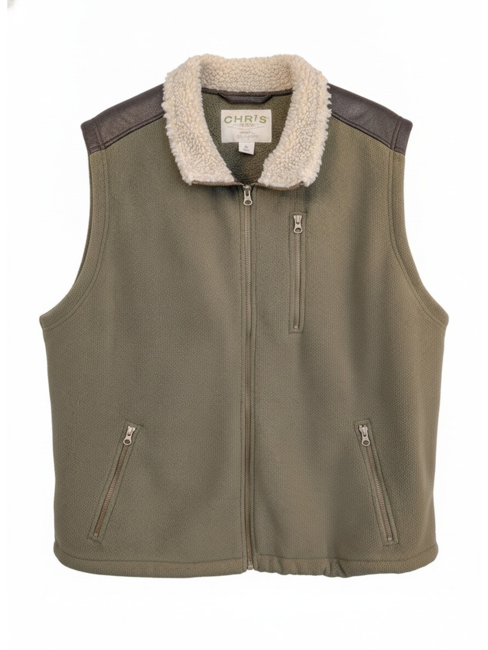 Orvis Mens XXL Olive Green Sherpa Fleece Vest Faux Leather Trim Full Zip